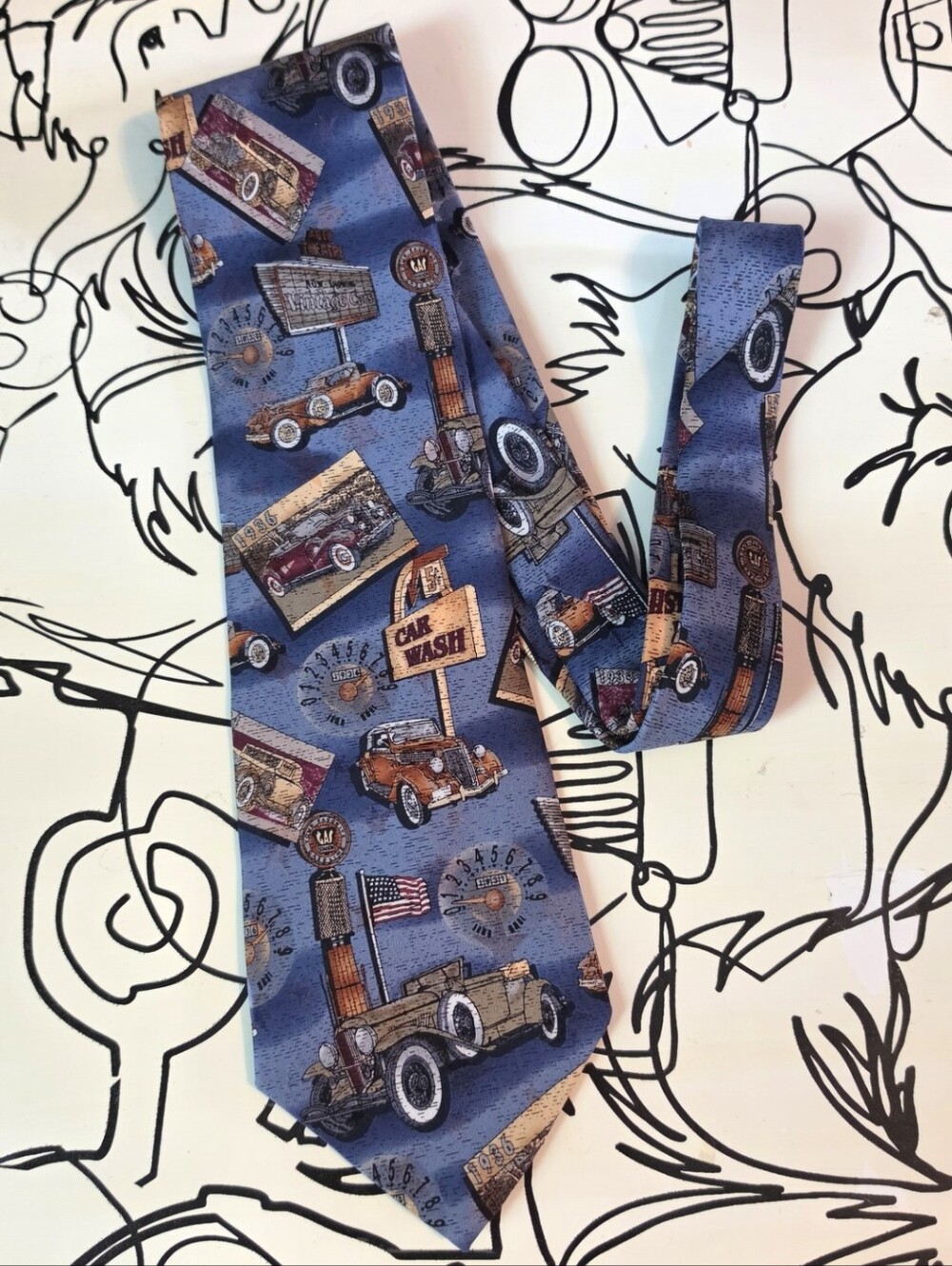 Tango Max Raab Americana For Dillards Vintage Cars 1930 Silk Tie Blue 57"